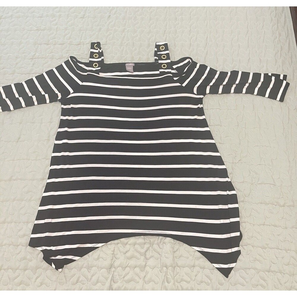 Women’s L Shirt Off The Shoulder Straps   Black White Stripes C Oliver Grommets